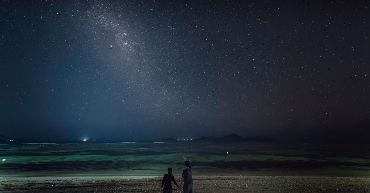 Romantic couple holding hands while observing stars on a beach at night, showcasing love and serenity.