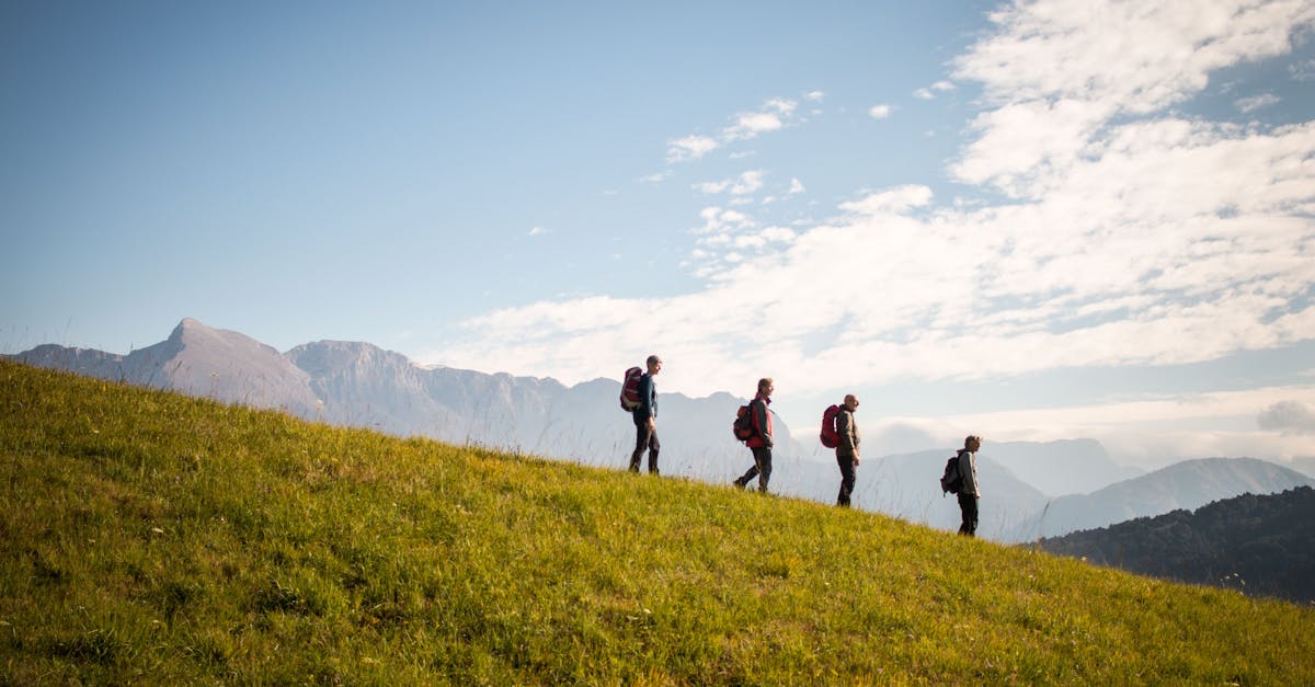 Four hikers with backpacks walking downhill on a sunny day with mountains in the background.
