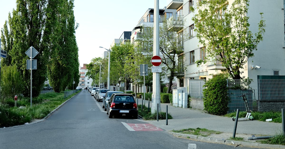 Peaceful urban street with parked cars and lush green trees lining apartment buildings.