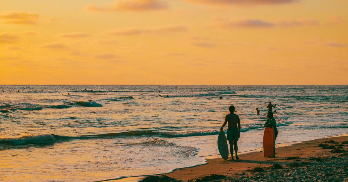 Silhouetted surfers walk along a sandy beach at sunset, enjoying the warm golden hour light.