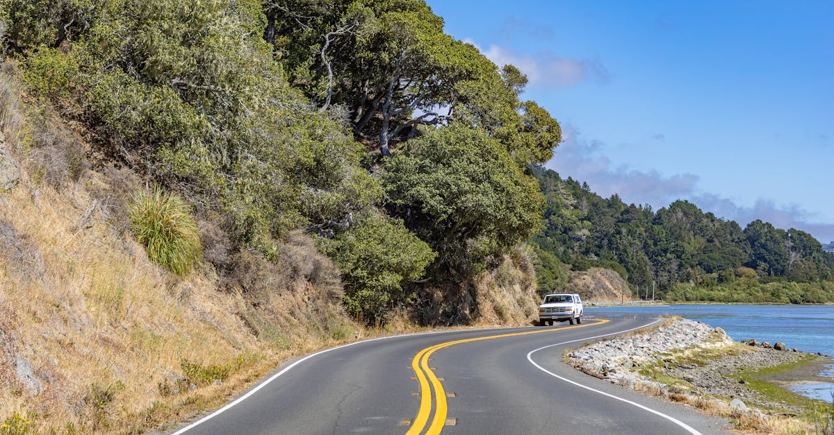 Winding road through lush greenery and lakeside with a passing vehicle under clear skies.