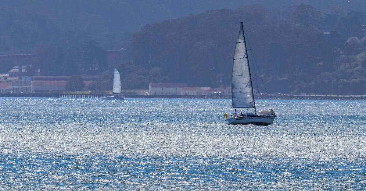 A sailboat gracefully gliding across shimmering waters with a hilly backdrop.