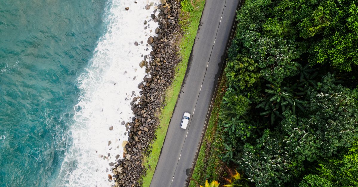 Aerial shot of a scenic coastal road in Spring Garden, Jamaica, next to lush greenery and blue ocean.