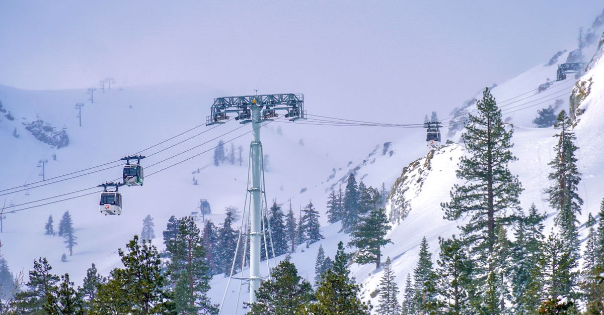 Snowy mountain scenery with gondolas transporting skiers across a beautiful winter forest.