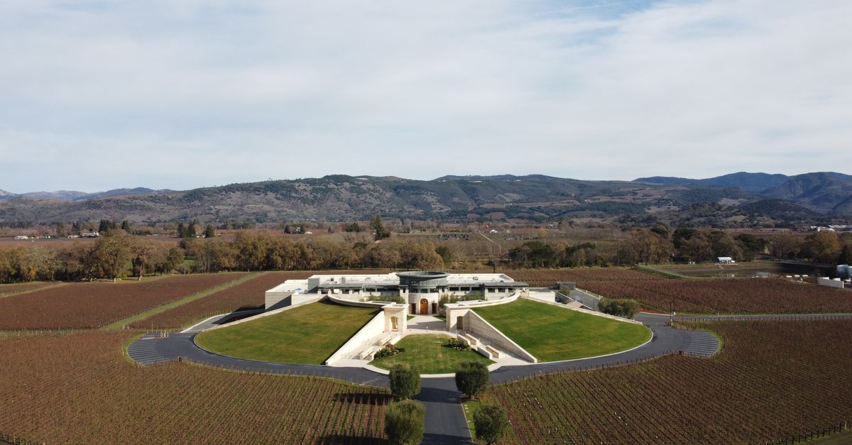 Stunning aerial view of Opus One Winery with vineyard landscape in Oakville, California.