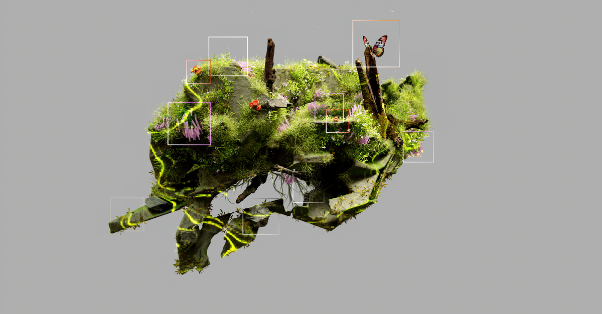 3D rendered abstract eco-system depicting nature and technology symbiosis.