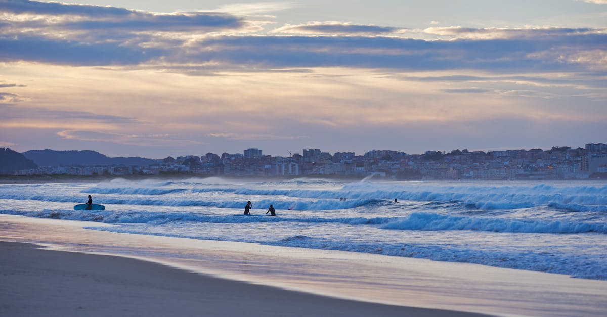 Serene scene of surfers enjoying waves at sunset with a city skyline in the background.
