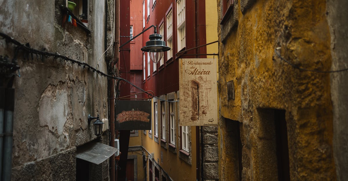 A narrow alley lined with historic buildings in an urban setting, featuring signs and weathered walls.