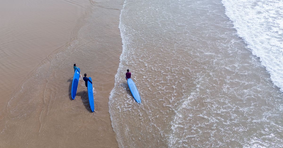 Aerial photo of three adults with surfboards walking along a sandy beach.