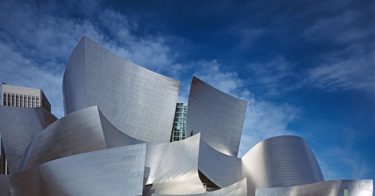 Iconic stainless steel architecture of the Walt Disney Concert Hall in Los Angeles.