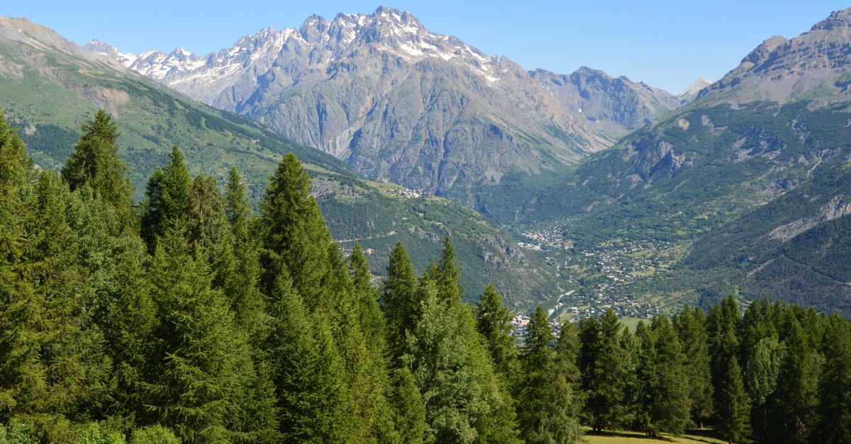 Breathtaking view of the Alps mountains and forest in Puy-Saint-Vincent, France.