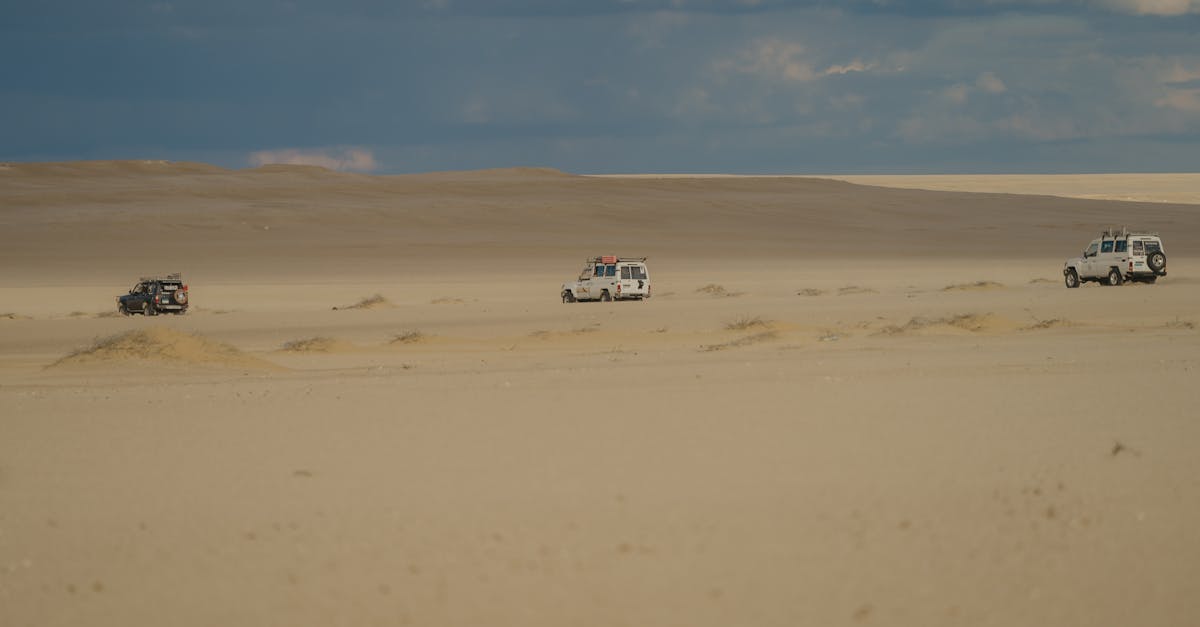 Off-road vehicles traverse the sandy desert landscape of Faiyum, Egypt under a dramatic sky.