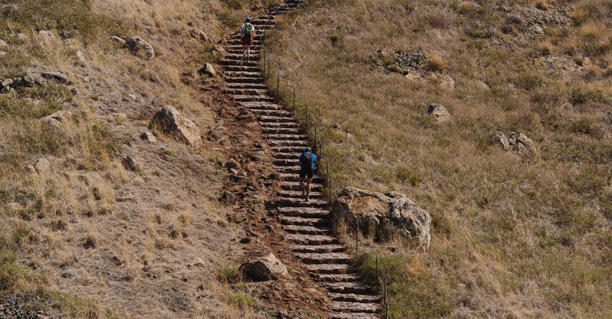 Hikers on a rocky trail ascending a mountain, showcasing outdoor adventure and exploration.