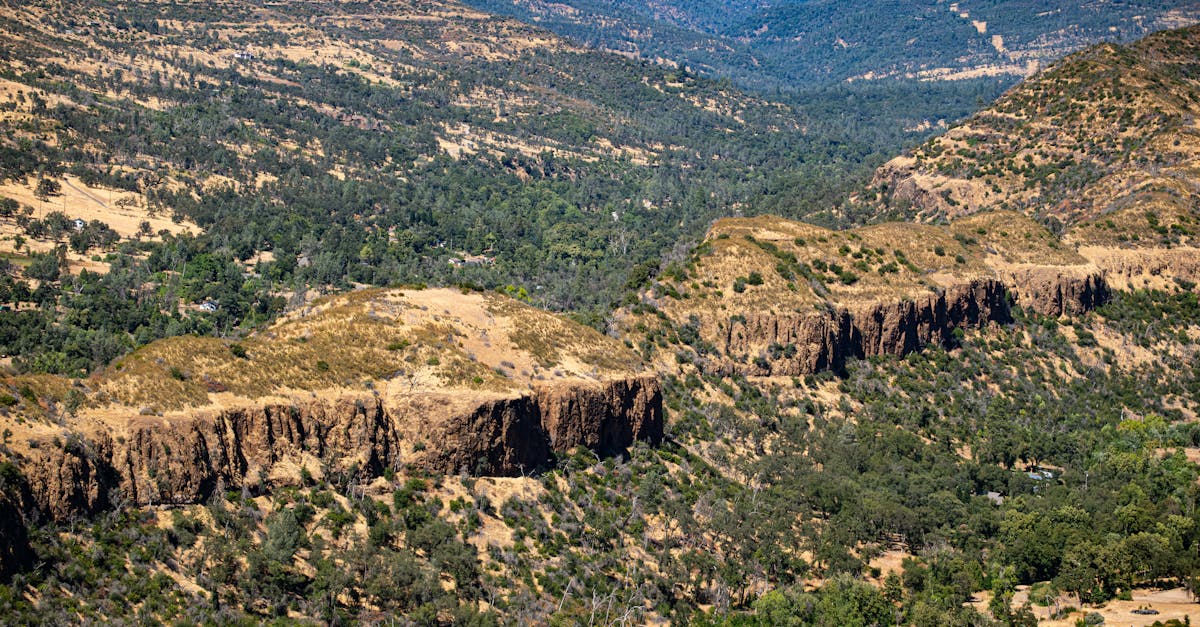 Stunning landscape shot of Bidwell Park's canyon terrain in Chico, California, showcasing geological formations and lush vegetation.