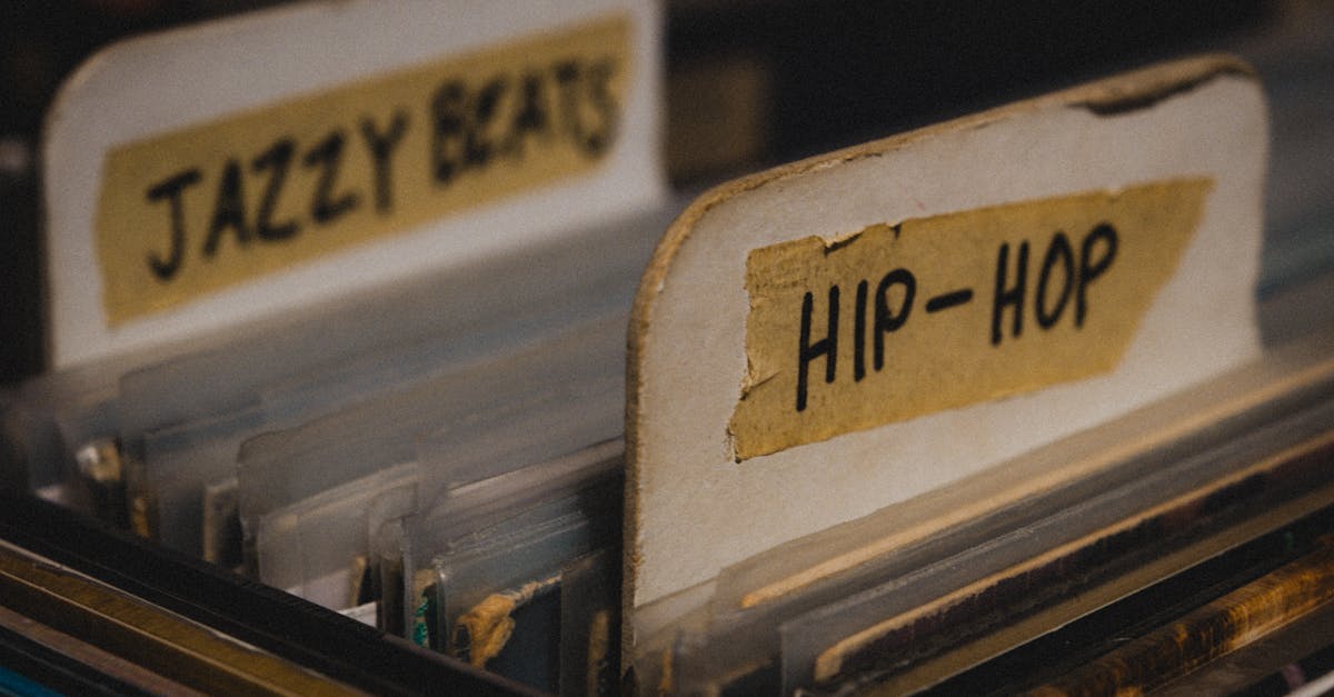 Vinyl records categorized under 'Jazzy Beats' and 'Hip-Hop' in a vintage collection.
