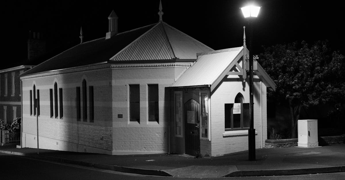 Black and white photo of a historic building illuminated by a streetlight at night.