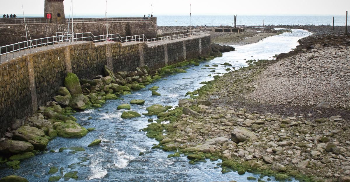 Serene seaside scene with a stone pier, flowing stream, and rocky shoreline.