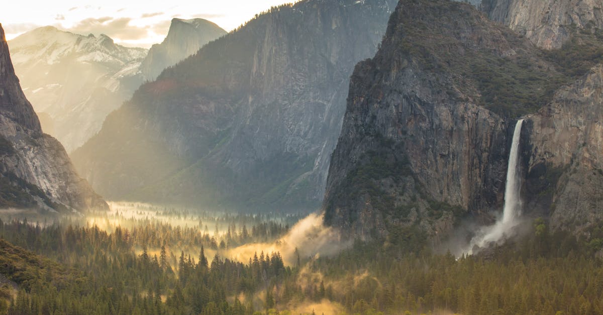 Stunning landscape view of Yosemite Valley with waterfall at sunset.