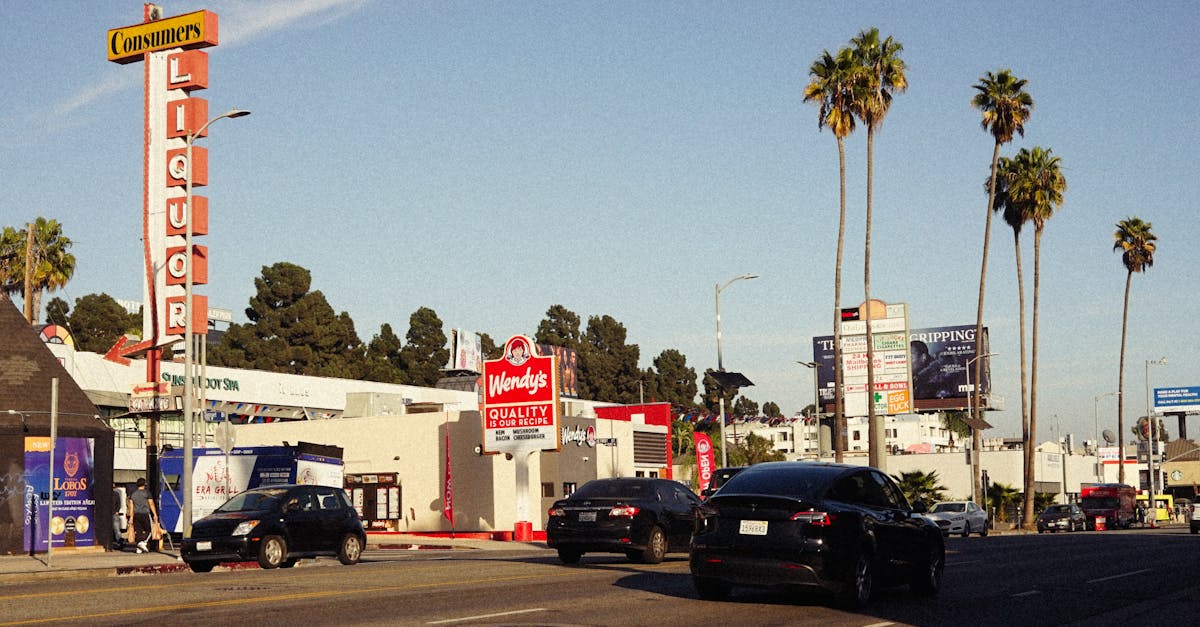 City street with cars, palm trees, and various signs under a clear sky.