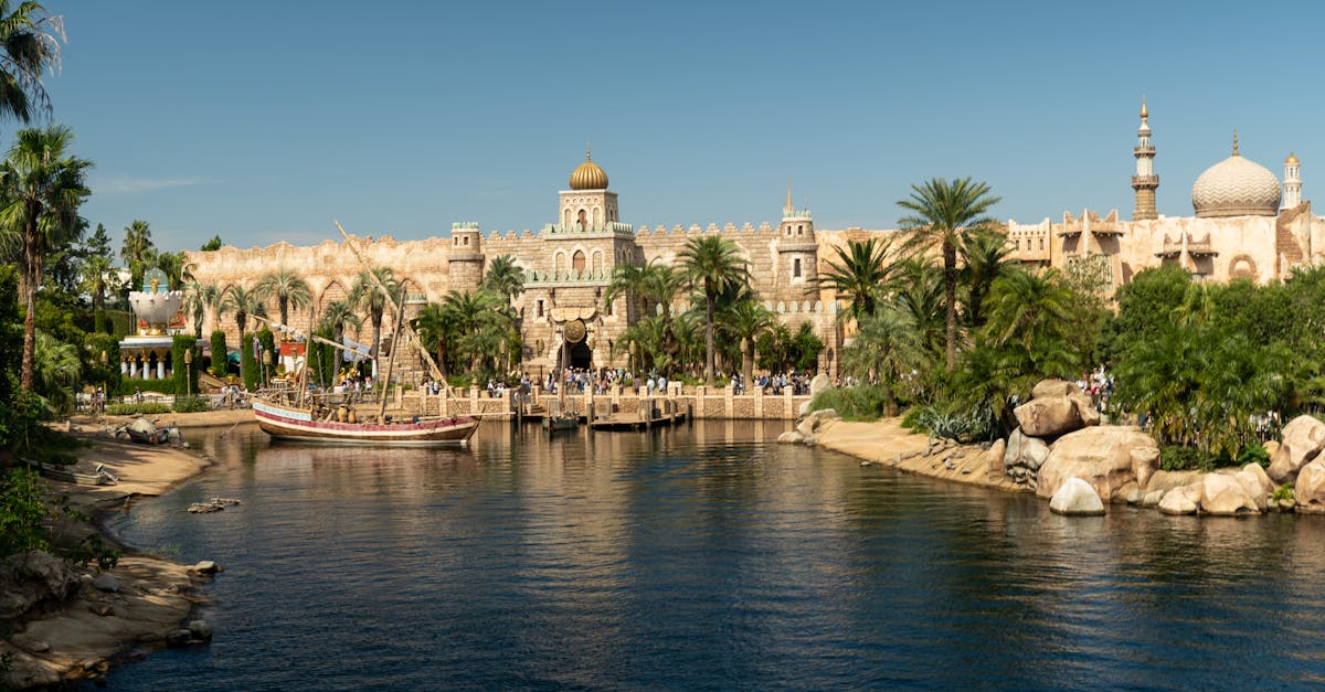 Captivating view of the Mediterranean Harbor at Tokyo DisneySea with boats and lush greenery.