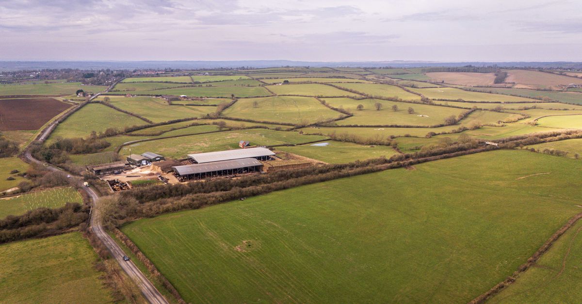 Expansive aerial view of a serene farm landscape in Buckinghamshire, England.