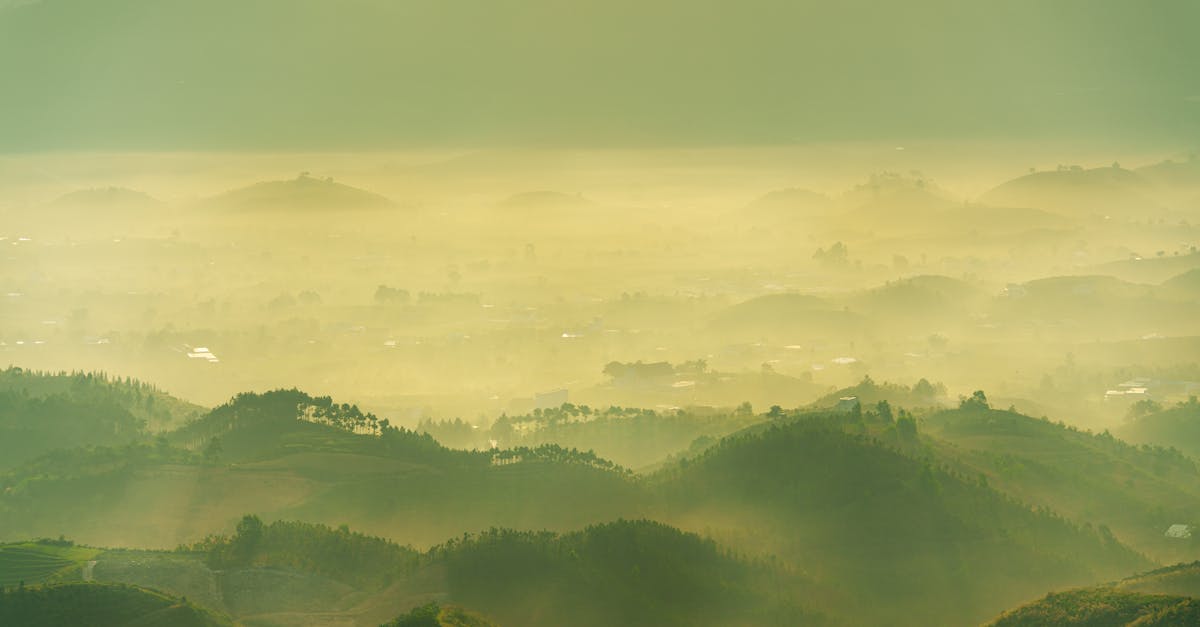 Stunning view of misty hills and valleys at sunrise, capturing the serene beauty of nature.