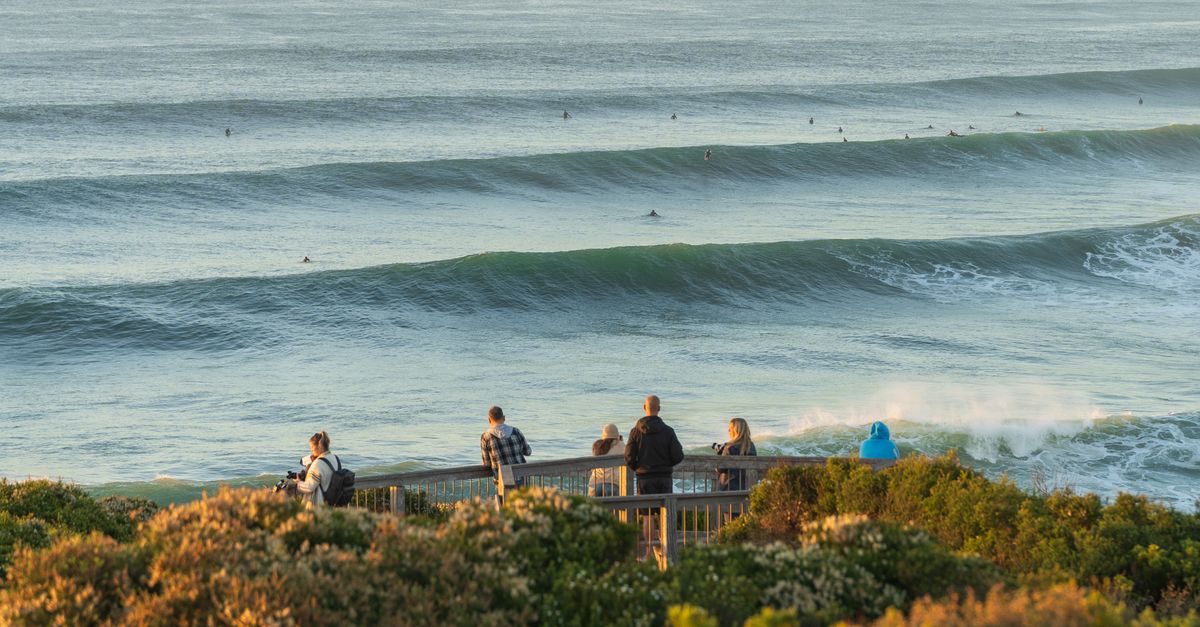 Surfers catching early morning waves at Bells Beach, Australia with spectators enjoying the view.