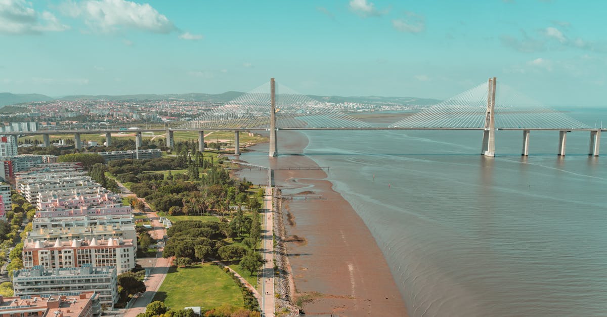 A stunning aerial shot of the Vasco da Gama Bridge and surrounding landscape in Lisbon, Portugal.