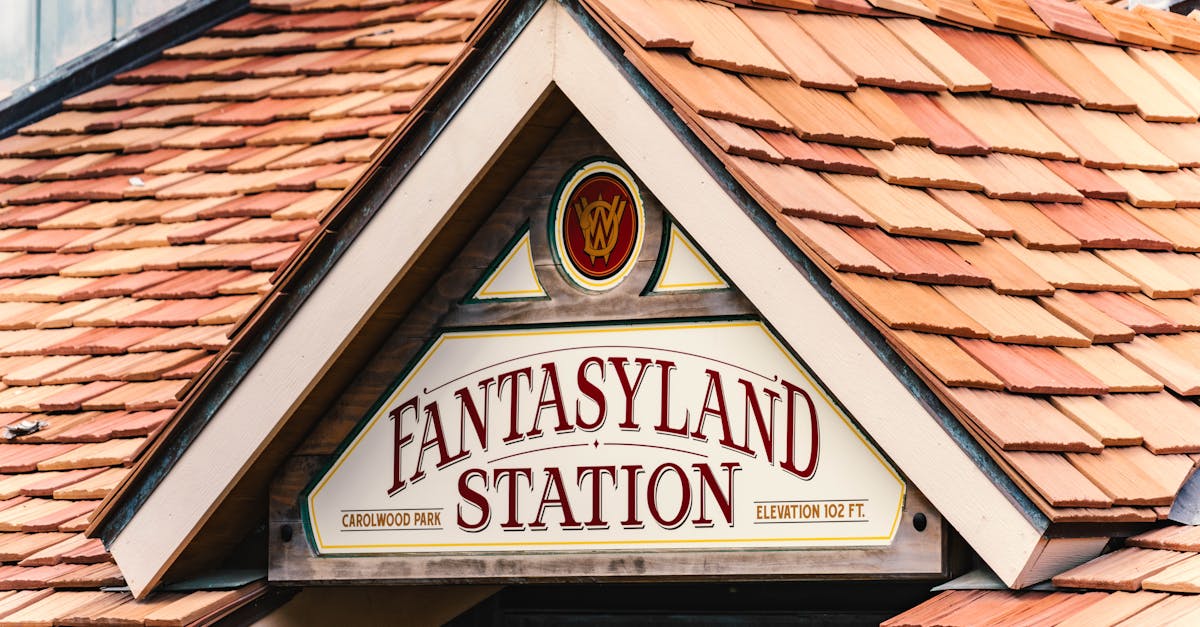 Close-up of a Fantasyland Station sign with classic wooden shingle roofing in Florida.