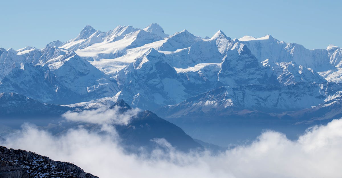 Stunning view of snow-covered peaks of the Swiss Alps in Alpnach, Switzerland.