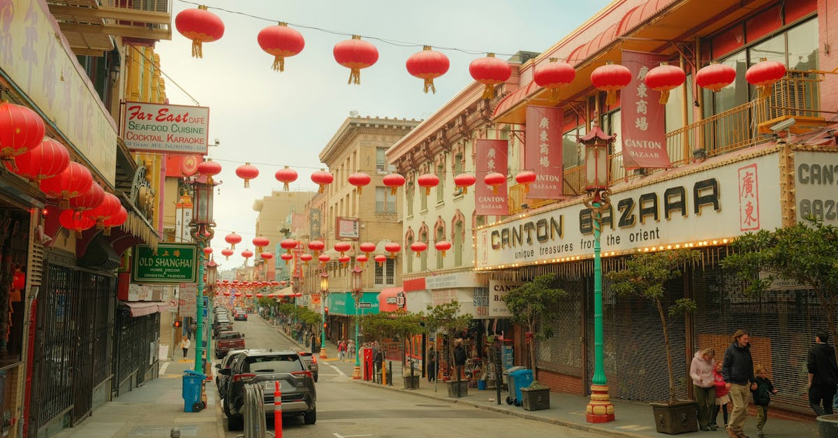 Chinatown street decorated with red lanterns, capturing cultural ambiance.