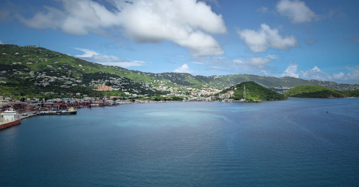 Explore the vibrant and scenic harbor of St. Thomas with lush green hills and clear blue water, perfect for a tropical getaway.