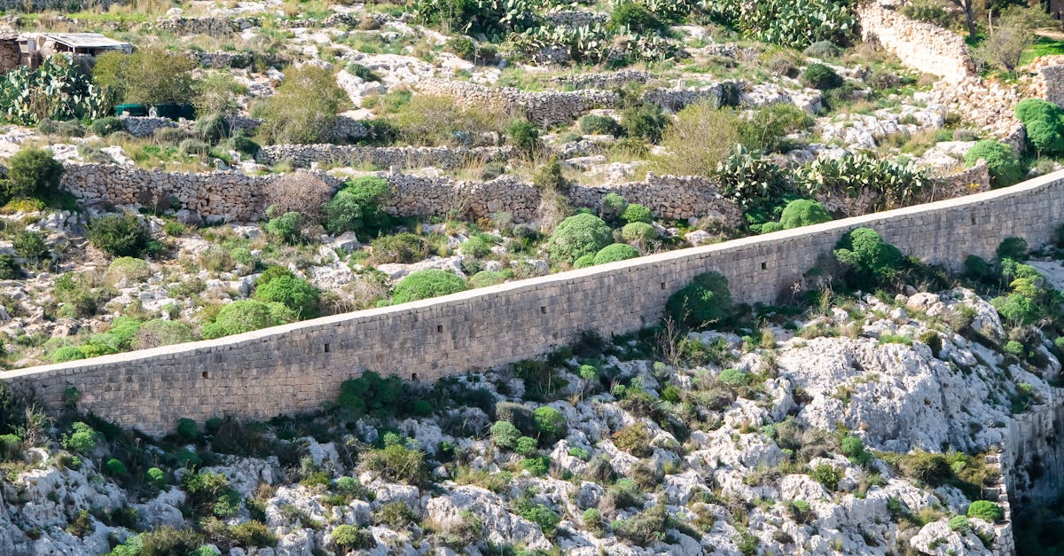 Aerial view of the historic Victoria Lines amid Malta's rocky, terraced landscape