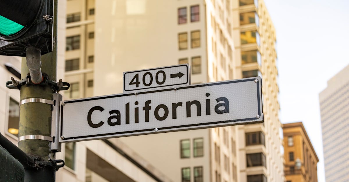 Street sign of California in an urban landscape featuring tall buildings and a traffic light.