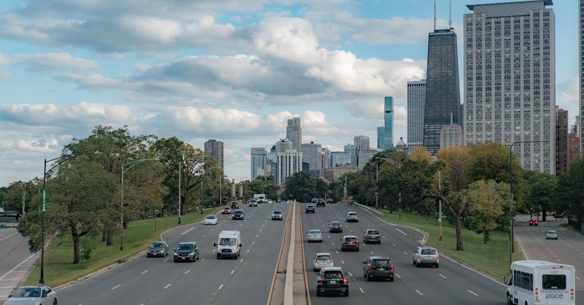 View of Chicago skyline with traffic on a tree-lined road under a cloudy sky.