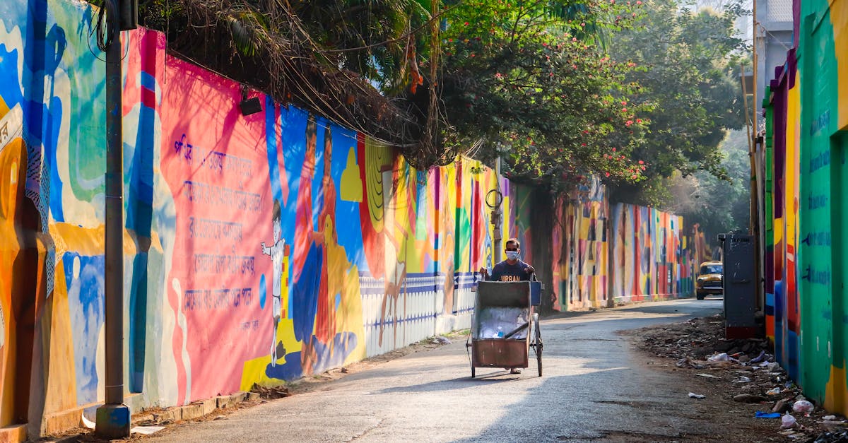 Vibrant alleyway filled with colorful street art and a person with a cart under daylight.