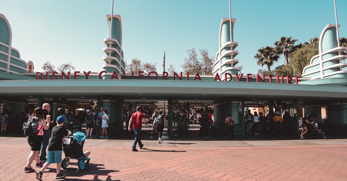 Visitors at Disney California Adventure Park entrance in Anaheim, a popular family destination.