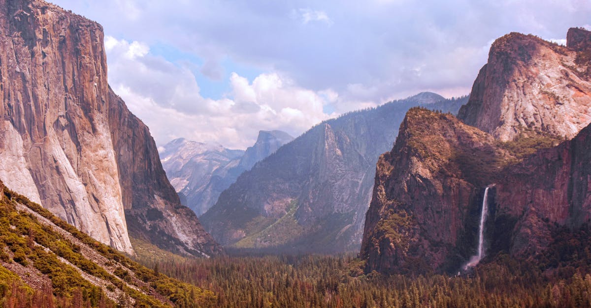 Vibrant landscape of Yosemite Valley featuring iconic cliffs and waterfalls under a cloudy sky.