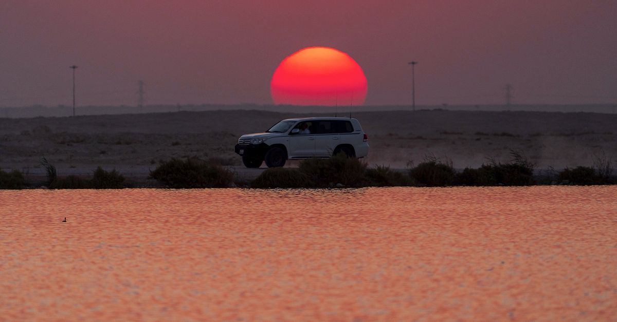 Modern white auto in desert on sandy terrain under cloudless sky at sundown with red sun