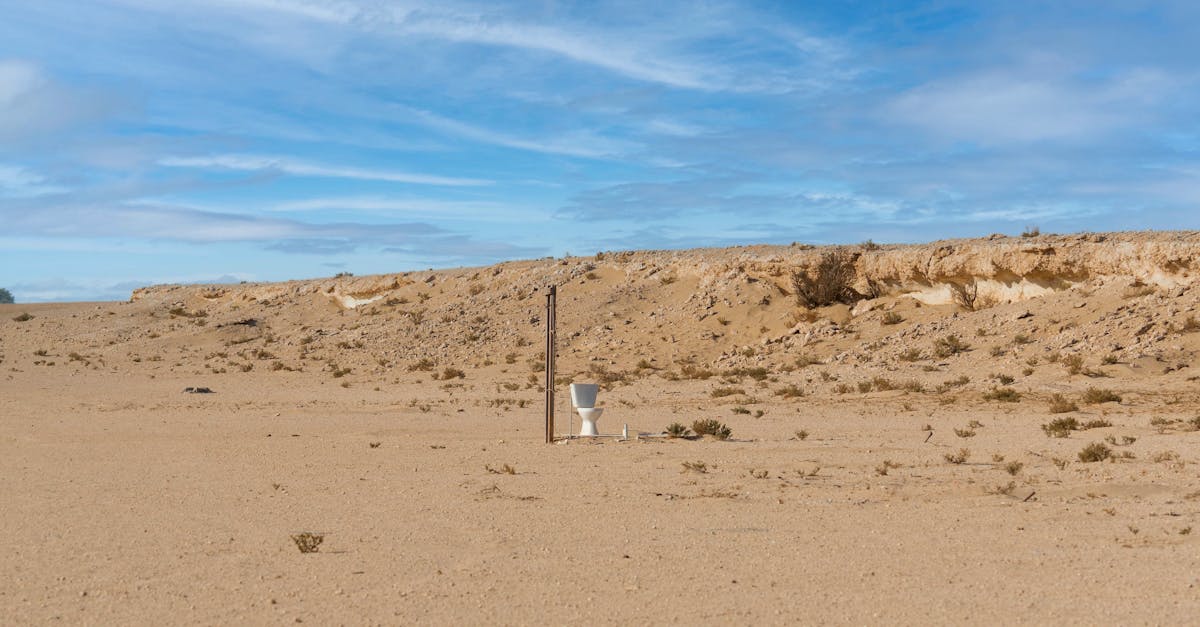 An isolated toilet bowl stands in a barren desert scene under a bright blue sky.