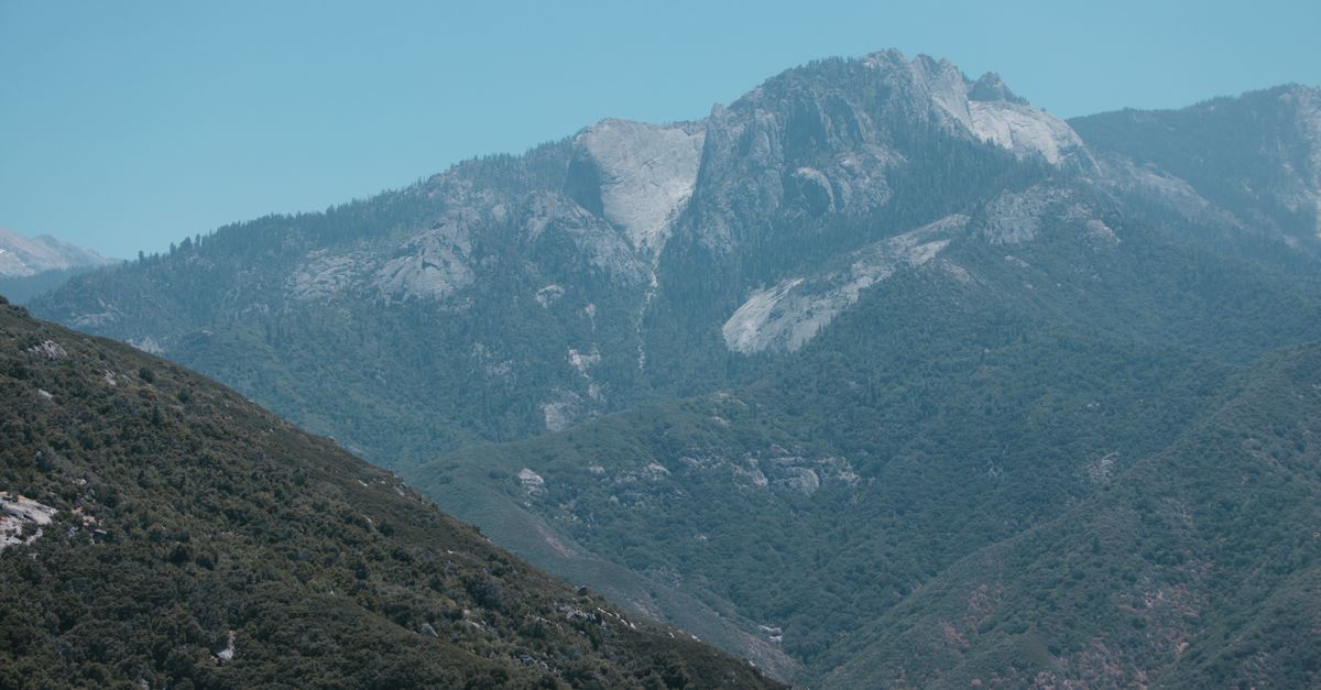 Breathtaking view of a lush mountain range in a national park under a clear blue sky.