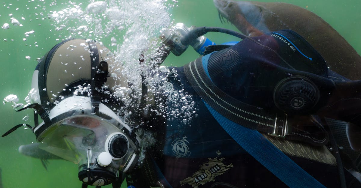 Scuba diver in gear surrounded by bubbles and marine life in underwater scene.